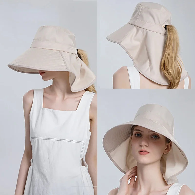 Women Outdoor Neck UV Protection Wide Brim Bucket Hat - Image 2