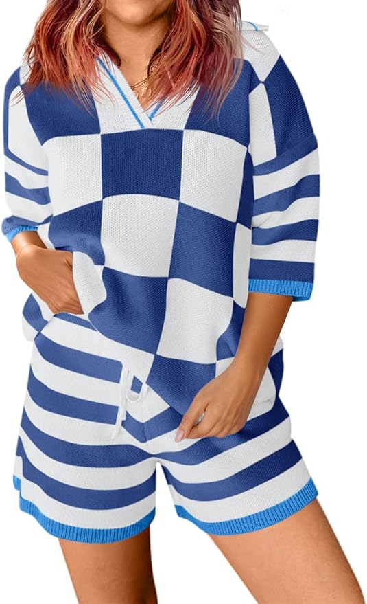 Color Block V Neck Sweater Sets HI7